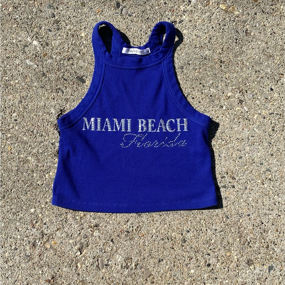 Paradise miami beach florida blue rhinestone top y2k inspired